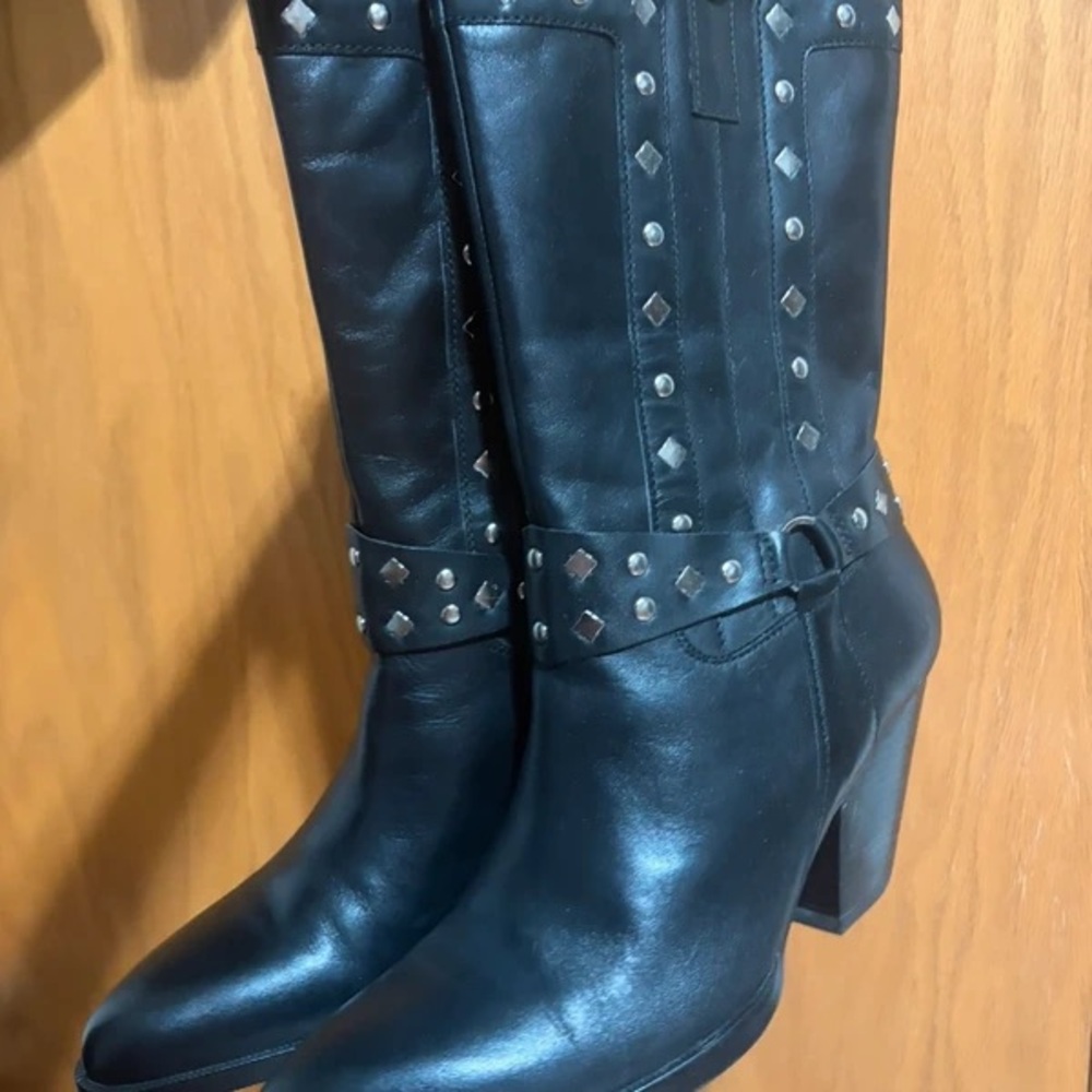Women's Black Stud-Trim Leather Mid-Calf Heeled Boots